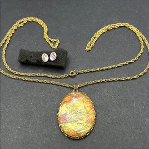 Vintage foil art necklace, abalone earrings